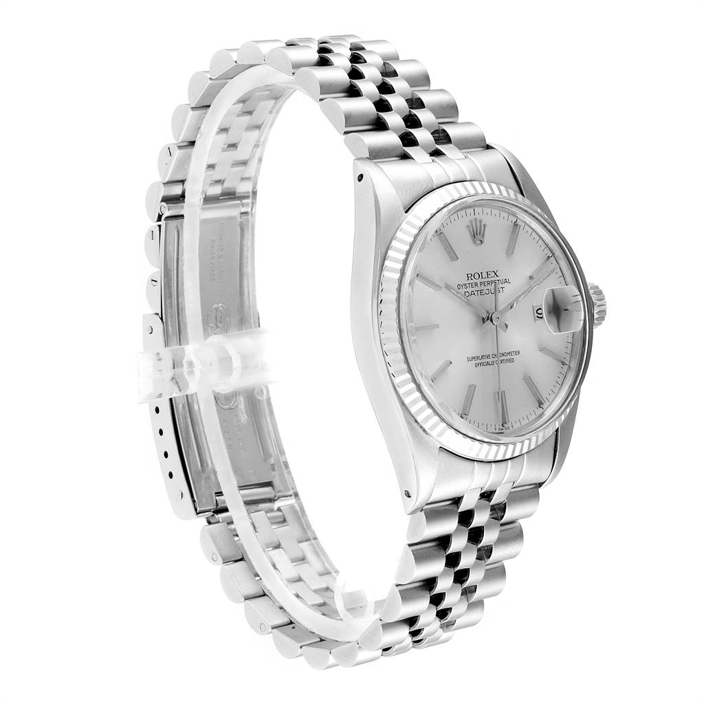 This image shows the side angle of a Rolex Vintage Collection 16014 Men
s Stainless Steel Silver Dial 16014 Men
s Stainless Steel Silver Dial watch, highlighting its face, bezel, and metal bracelet.