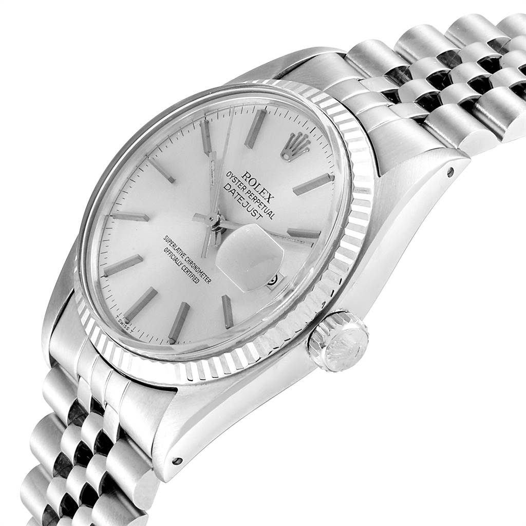 The Rolex Vintage Collection 16014 Men
s Stainless Steel Silver Dial 16014 Men
s Stainless Steel Silver Dial model is shown at an angle, highlighting its silver dial, bezel, crown, case, and bracelet.