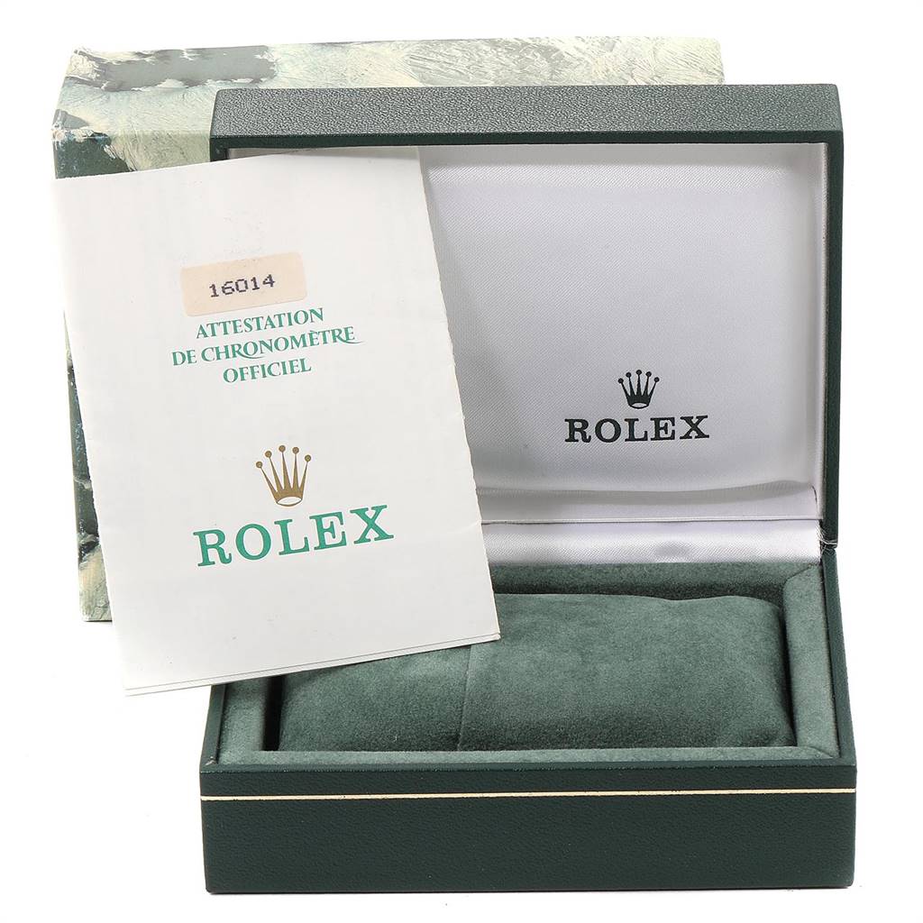 This image shows the open box and paperwork for a Rolex Vintage Collection 16014 Men
s Stainless Steel Silver Dial 16014 Men
s Stainless Steel Silver Dial model, showcasing its packaging and Best Quality
ity certificate.