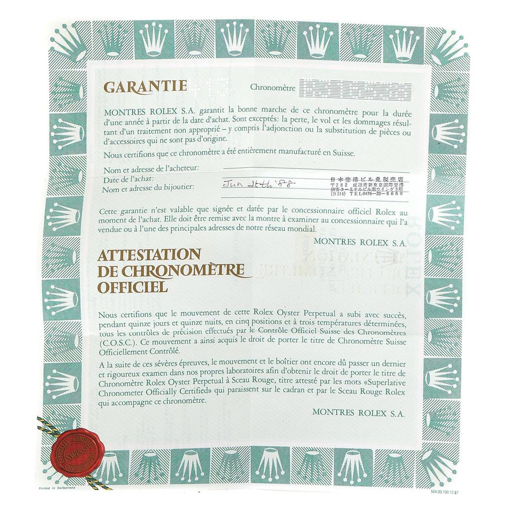 This is a warranty certificate for the Vintage Collection model by Rolex, showing detailed purchase information.