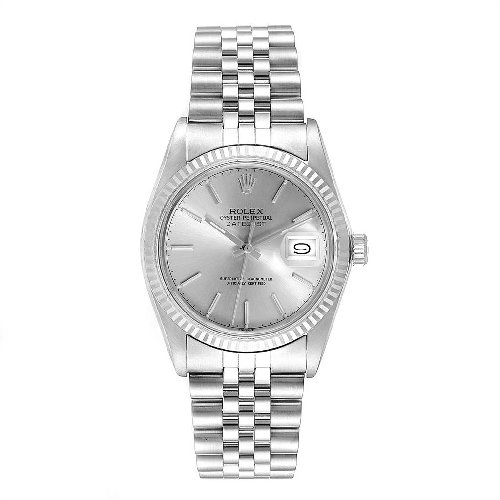 The Rolex Vintage Collection 16014 Men
s Stainless Steel Silver Dial 16014 Men
s Stainless Steel Silver Dial watch is shown at a straight angle, displaying its face, bezel, case, and bracelet.