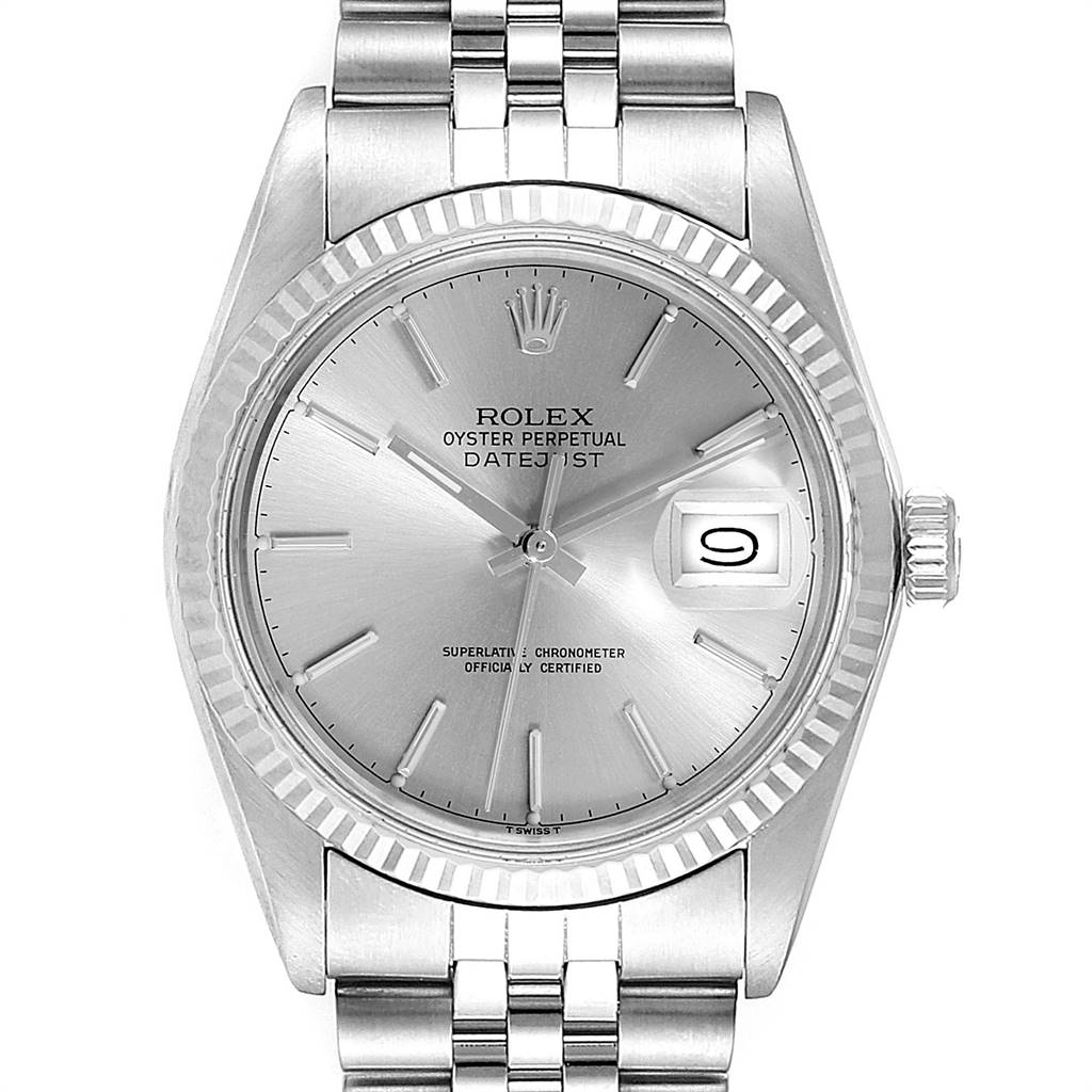 This image shows the frontal view of a Rolex Vintage Collection 16014 Men
s Stainless Steel Silver Dial 16014 Men
s Stainless Steel Silver Dial Datejust watch, displaying the dial, hands, bezel, and bracelet.