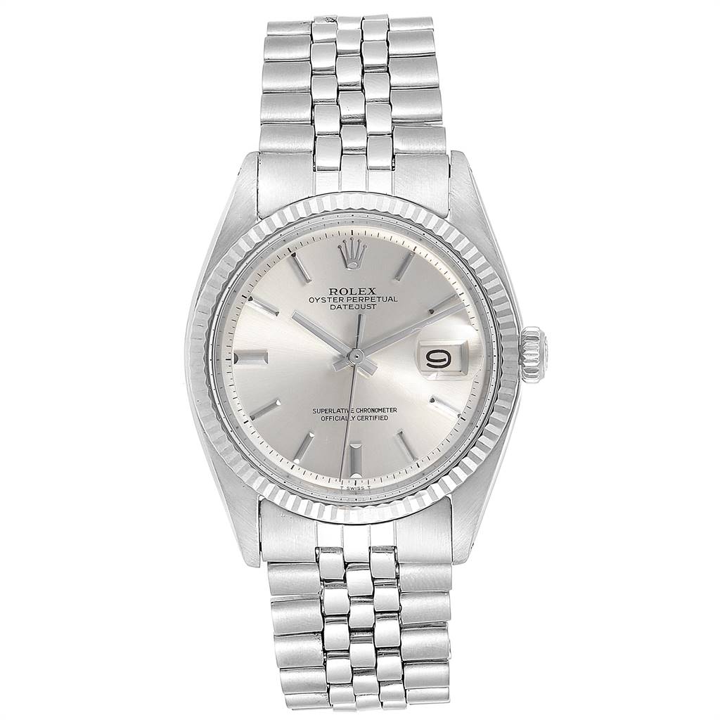 This image shows a Rolex Vintage Collection 1601 Men
s Stainless Steel Silver Dial 1601 Men
s Stainless Steel Silver Dial Oyster Perpetual Datejust watch, featuring a silver dial, date window, and jubilee bracelet, viewed from the front.