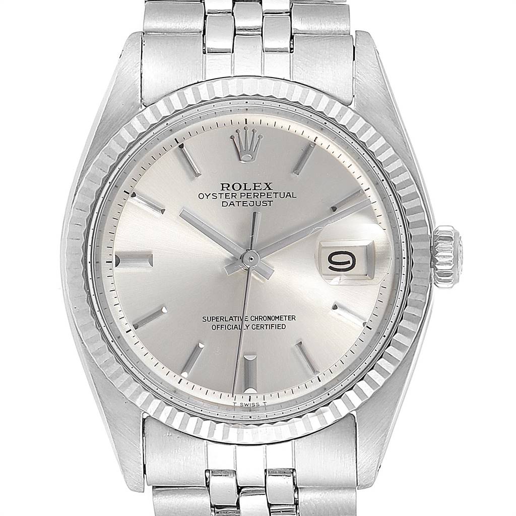 The image shows a frontal view of a Rolex Vintage Collection 1601 Men
s Stainless Steel Silver Dial 1601 Men
s Stainless Steel Silver Dial model, highlighting the dial, date window, and bracelet.