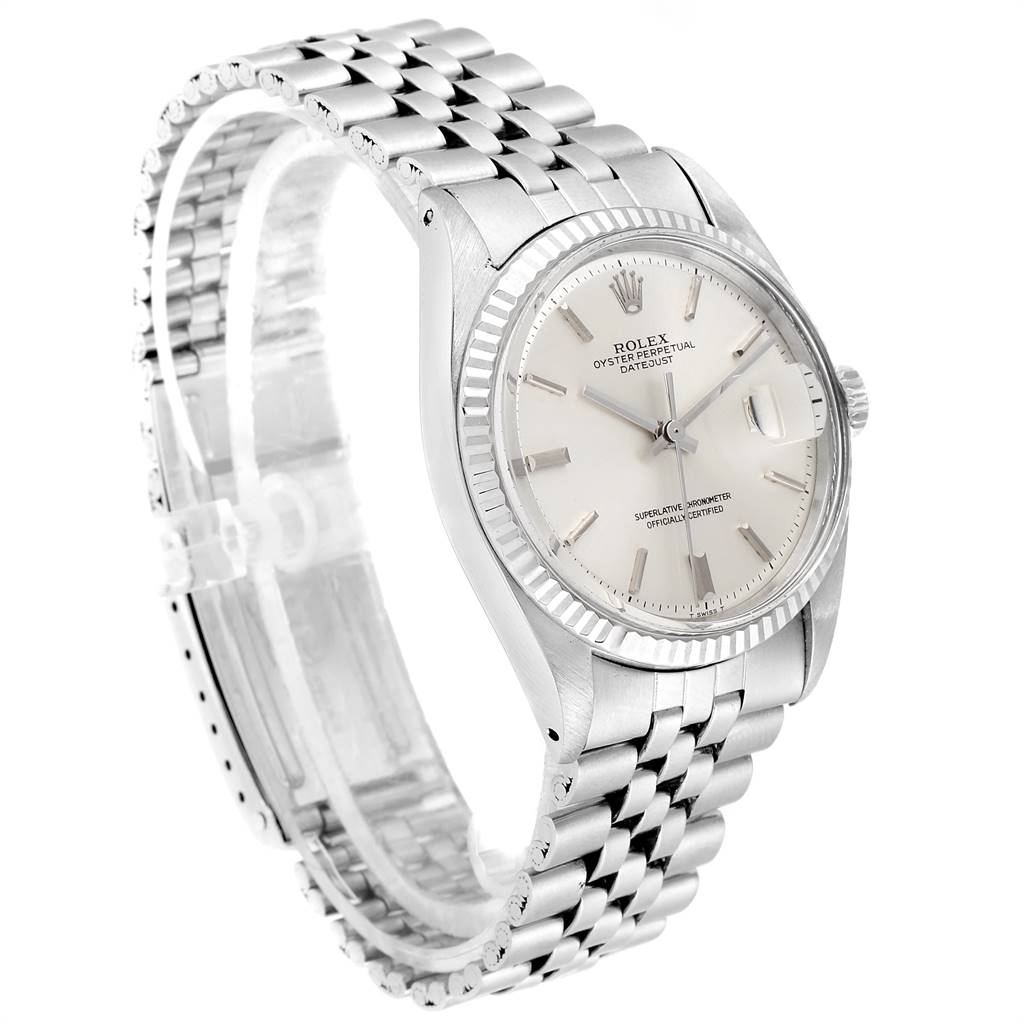 The image shows a side view of the Rolex Vintage Collection 1601 Men
s Stainless Steel Silver Dial 1601 Men
s Stainless Steel Silver Dial watch, highlighting the face, bezel, and bracelet.