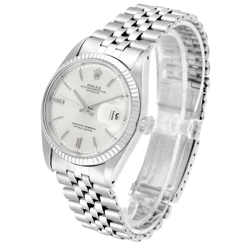 This image shows a Rolex Vintage Collection 1601 Men
s Stainless Steel Silver Dial 1601 Men
s Stainless Steel Silver Dial Oyster Perpetual Datejust watch at a slight angle featuring the dial and bracelet.