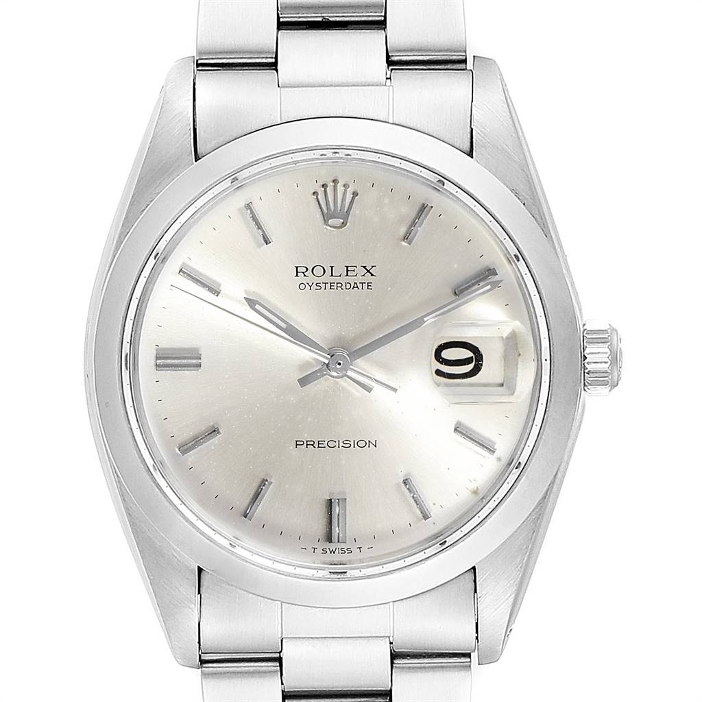 This image shows a front view of the Rolex Oysterdate Precision, part of the Vintage Collection, highlighting the dial and bracelet.