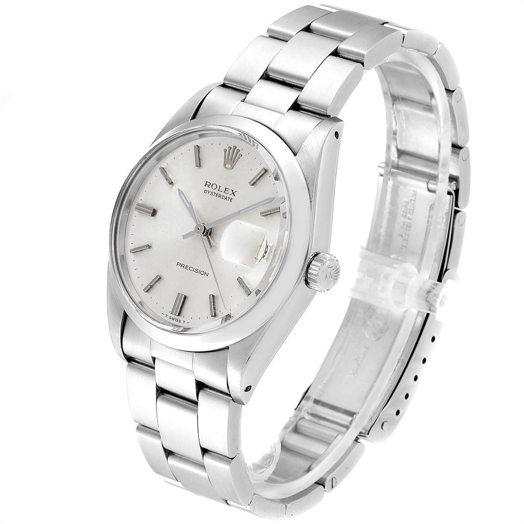 The Rolex Vintage Collection 6694 Men
s Stainless Steel Silver Dial 6694 Men
s Stainless Steel Silver Dial model watch is shown at a left-side angle, displaying the face, bezel, bracelet, and crown.