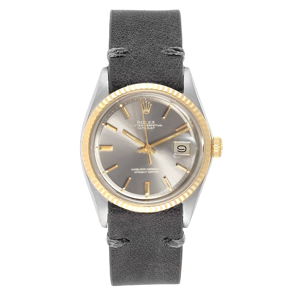 This image shows a front view of the Rolex Vintage Collection 1601 Men's Steel and Gold (two tone) Grey Dial 1601 Men's Steel and Gold (two tone) Grey Dial model watch, displaying the dial, bezel, case, and strap.