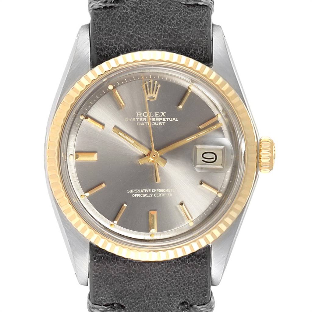 The image shows a front view of the Rolex Vintage Collection 1601 Men's Steel and Gold (two tone) Grey Dial 1601 Men's Steel and Gold (two tone) Grey Dial watch, featuring the dial, date window, and part of the strap.