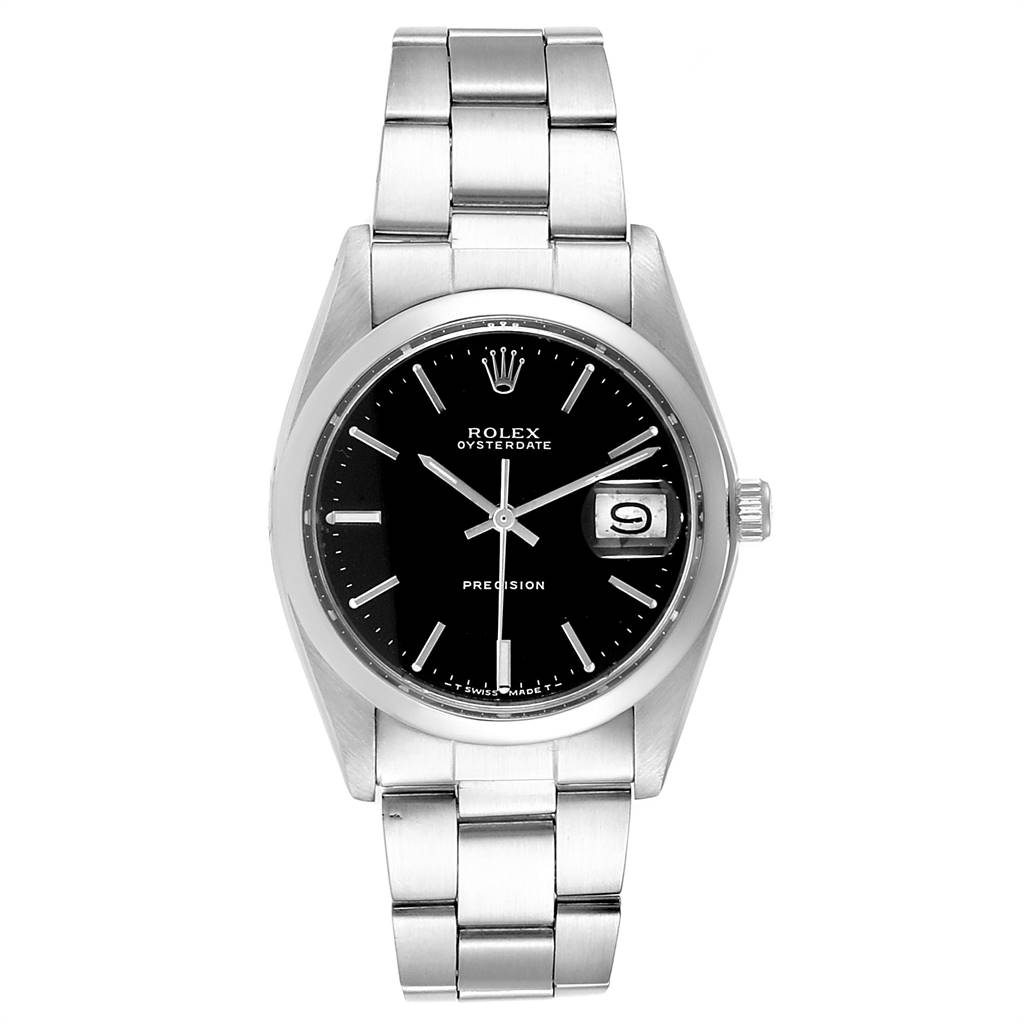 The image shows a front view of the Rolex Vintage Collection 6694 Men's Stainless Steel Black Dial 6694 Men's Stainless Steel Black Dial model, displaying its black dial, silver bracelet, and date feature.