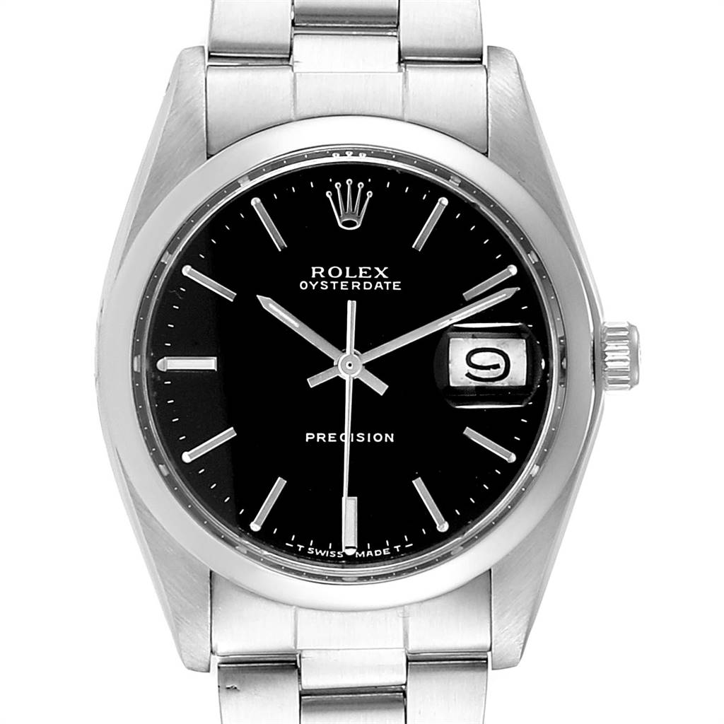 The image shows a front view of the Rolex Vintage Collection 6694 Men's Stainless Steel Black Dial 6694 Men's Stainless Steel Black Dial Oysterdate Precision watch, displaying the dial, hands, and date window.