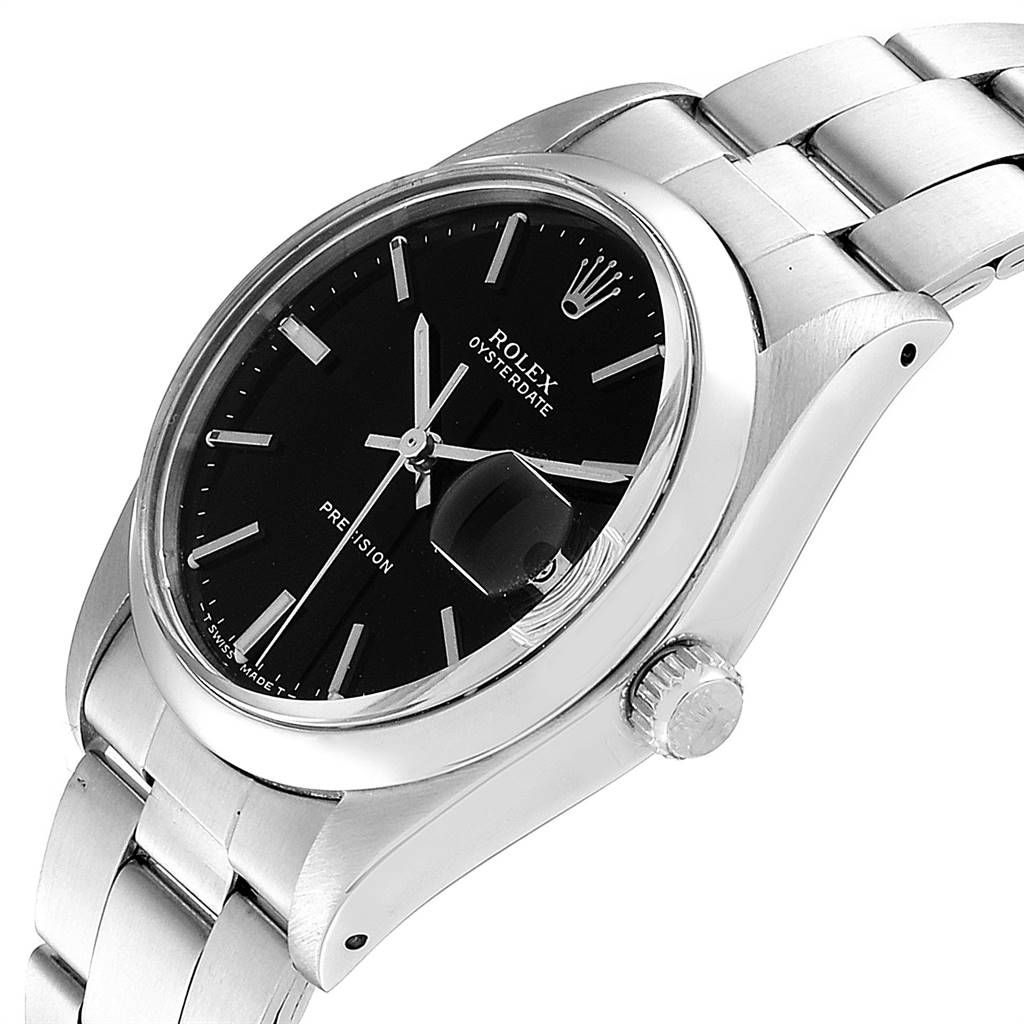 The image shows a Rolex Vintage Collection 6694 Men's Stainless Steel Black Dial 6694 Men's Stainless Steel Black Dial Oysterdate watch at an angle highlighting the dial, bracelet, and crown.