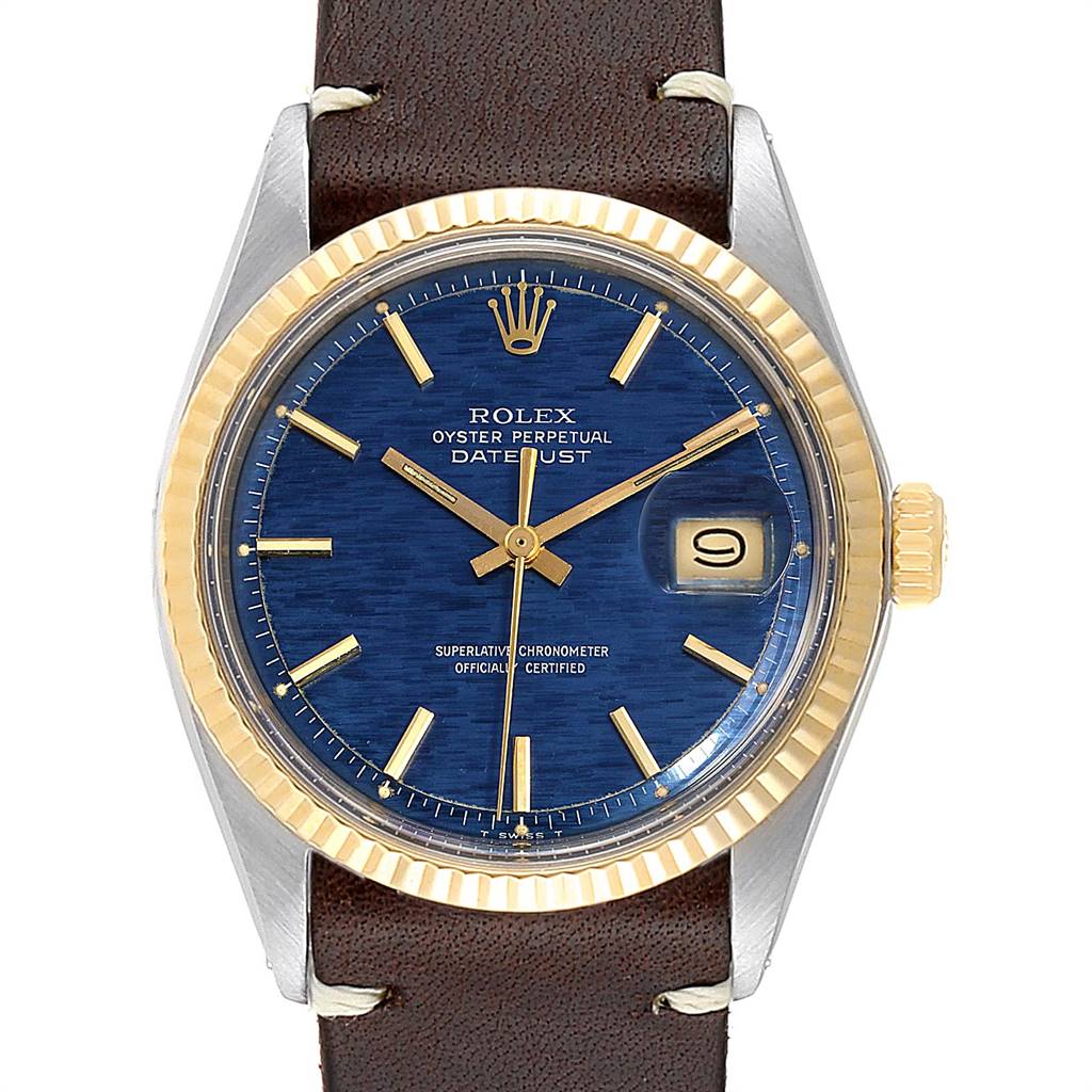This image displays the front of a Rolex Vintage Collection 1601 Men
s Steel and Gold (two tone) Blue Dial 1601 Men
s Steel and Gold (two tone) Blue Dial Datejust watch, showcasing its dial, bezel, crown, and leather strap.