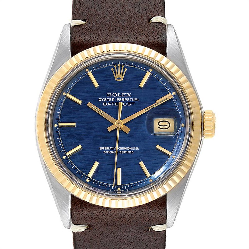 Rolex Datejust Steel Yellow Gold Blue Brick Dial Vintage Mens Watch 1601 SwissWatchExpo