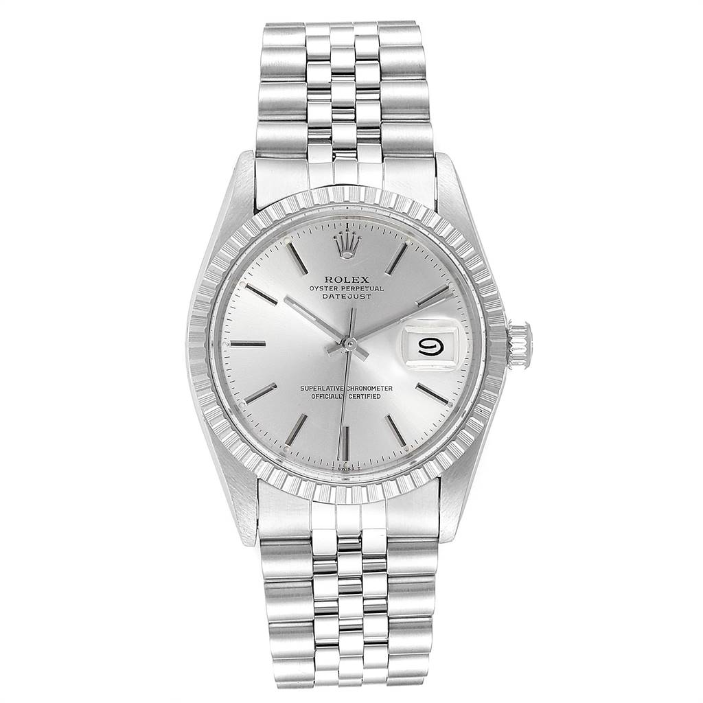 This is a front view of the Rolex Vintage Collection 16030 Men's Stainless Steel Silver Dial 16030 Men's Stainless Steel Silver Dial Oyster Perpetual Datejust watch, showcasing its dial, bezel, and bracelet.