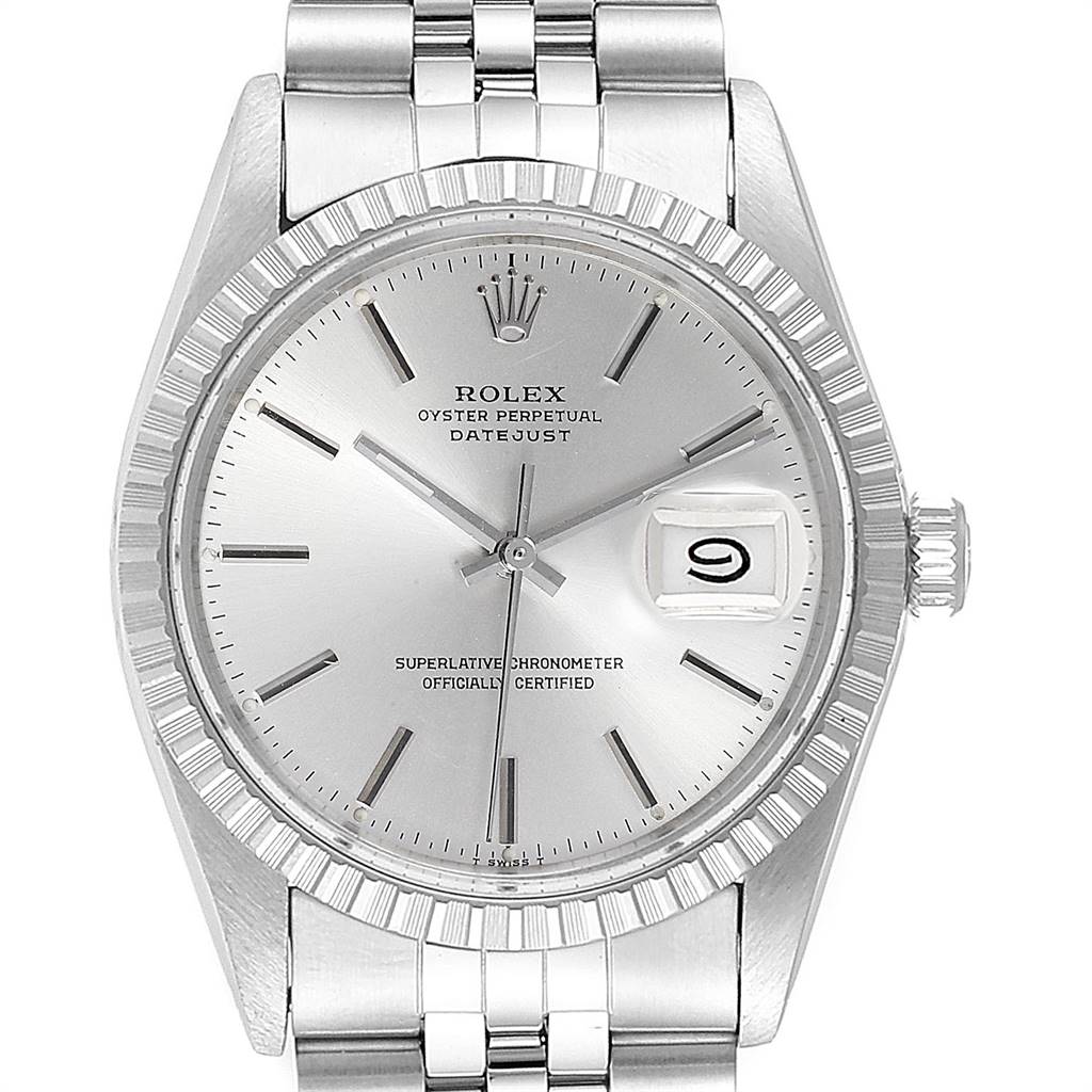 The image shows a front view of the Rolex Vintage Collection 16030 Men's Stainless Steel Silver Dial 16030 Men's Stainless Steel Silver Dial Datejust watch, highlighting the dial, bezel, and bracelet.
