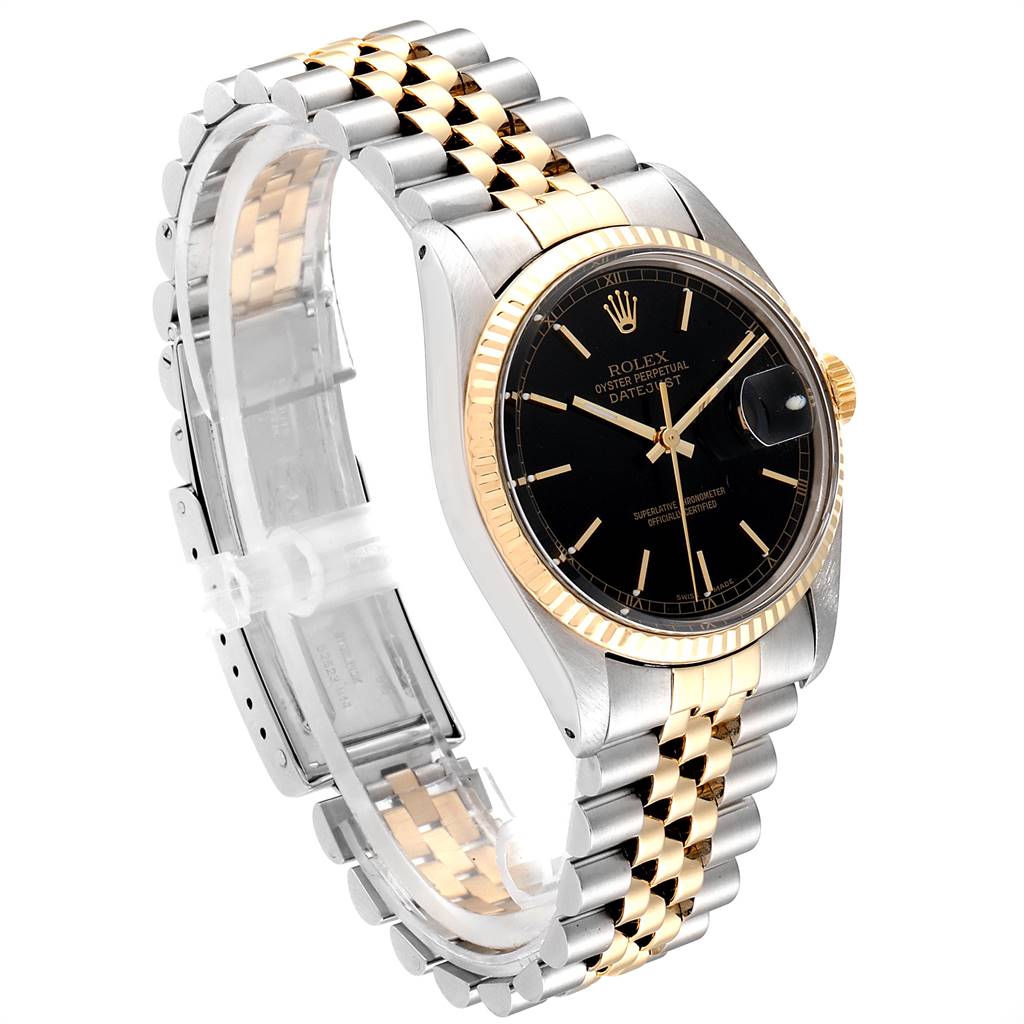 The image shows a side angle of a Rolex Vintage Collection 16013 Men's Stainless Steel Black Dial 16013 Men's Stainless Steel Black Dial watch, displaying its bracelet, case, and black dial with gold accents.