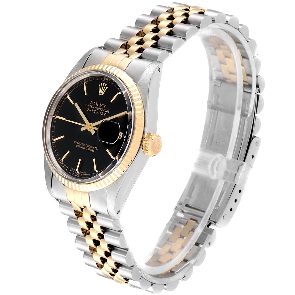 The Rolex Vintage Collection 16013 Men's Stainless Steel Black Dial 16013 Men's Stainless Steel Black Dial watch is shown from a front-side angle, displaying its black dial, gold crown, and two-tone metal bracelet.