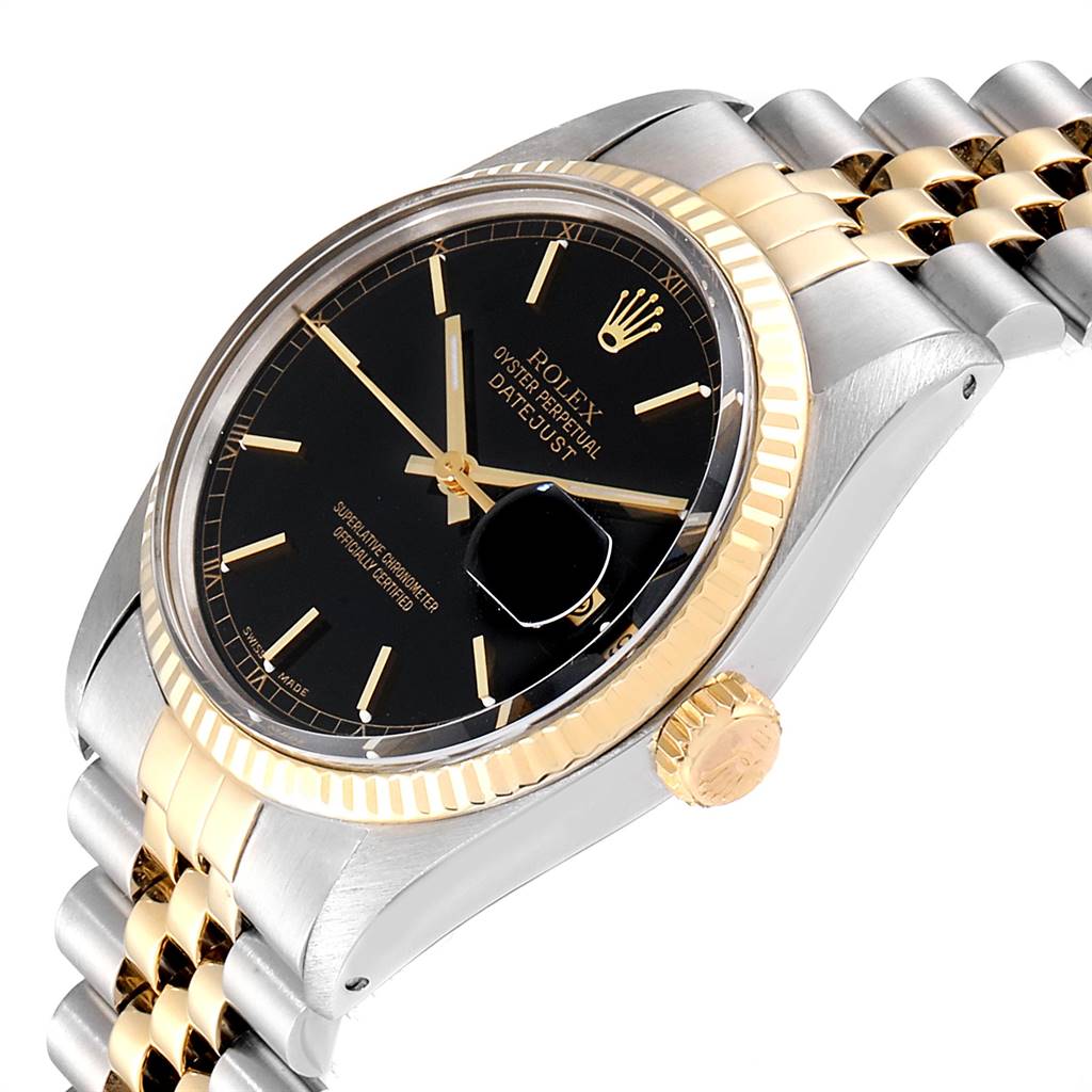 The image shows a side angle of the Rolex Vintage Collection 16013 Men's Stainless Steel Black Dial 16013 Men's Stainless Steel Black Dial watch, showcasing the bezel, crown, and part of the band.