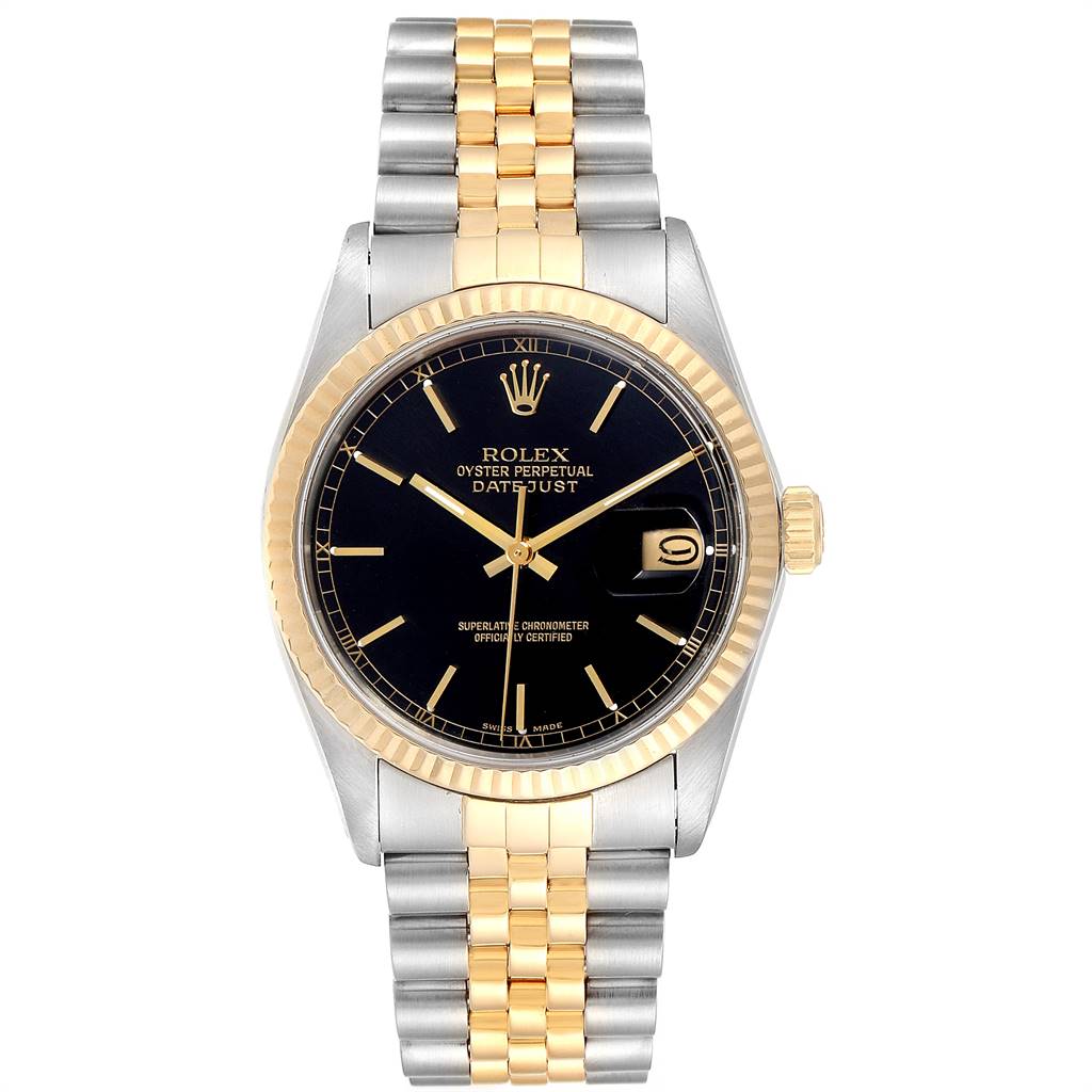 This image shows a Rolex Vintage Collection 16013 Men's Stainless Steel Black Dial 16013 Men's Stainless Steel Black Dial watch from a front angle, featuring its black dial, gold bezel, and two-tone bracelet.
