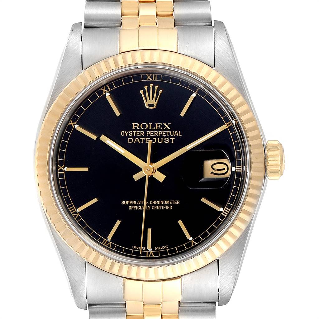 The image shows a frontal view of the Rolex Vintage Collection 16013 Men's Stainless Steel Black Dial 16013 Men's Stainless Steel Black Dial Oyster Perpetual Datejust watch.