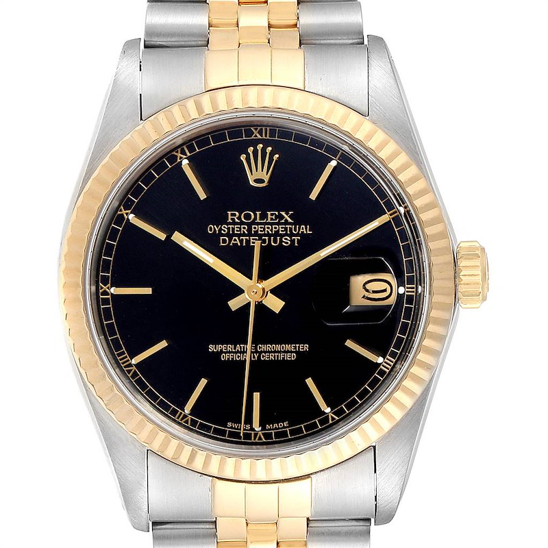 Rolex Datejust Steel Yellow Gold Black Dial Vintage Mens Watch 16013 Papers SwissWatchExpo