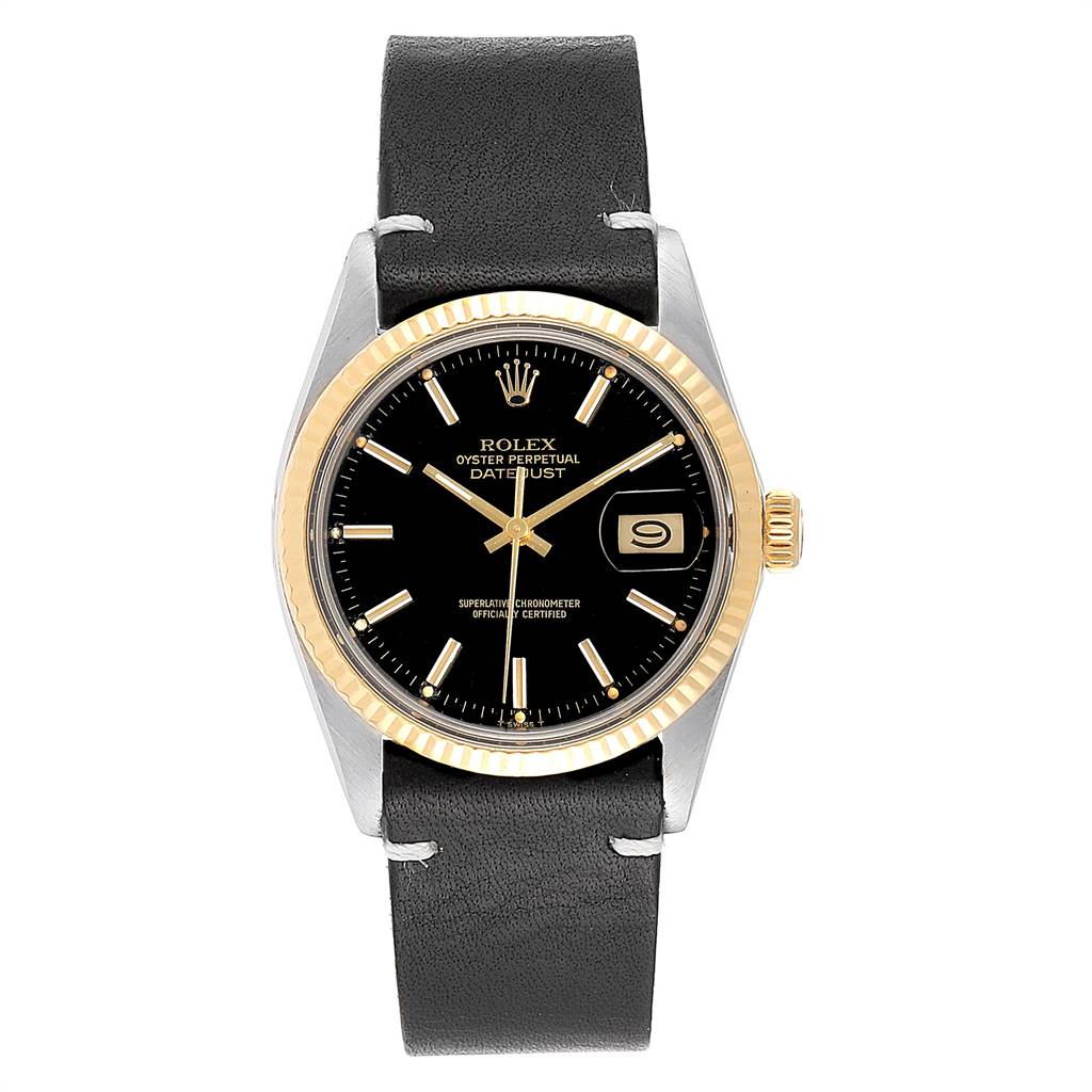 The image shows a front view of a Rolex Vintage Collection 16013 Men
s Stainless Steel Black Dial 16013 Men
s Stainless Steel Black Dial watch, highlighting its dial, bezel, crown, and strap.