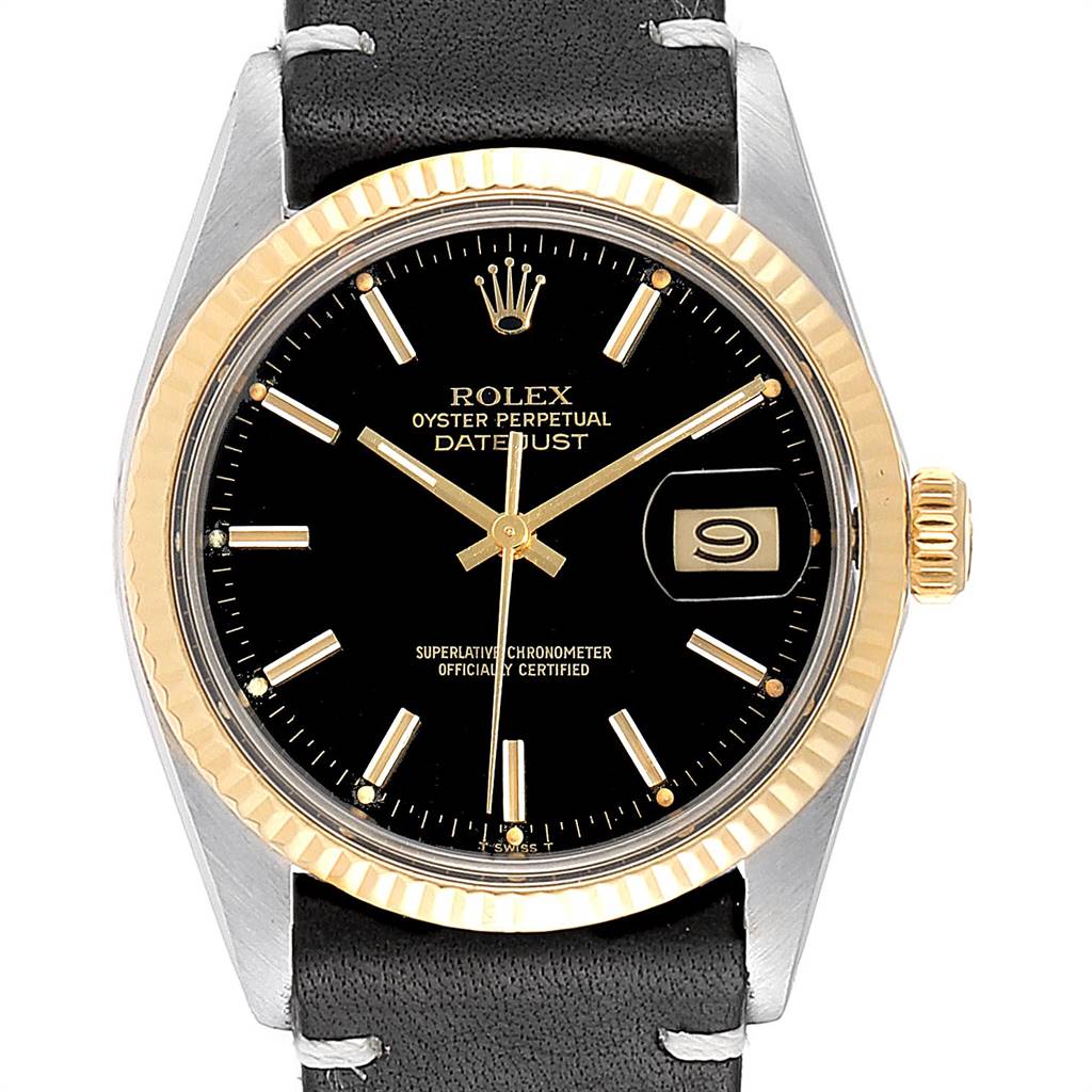 The image shows a front view of a Vintage Collection Rolex Oyster Perpetual Datejust watch with a black dial and a date display.