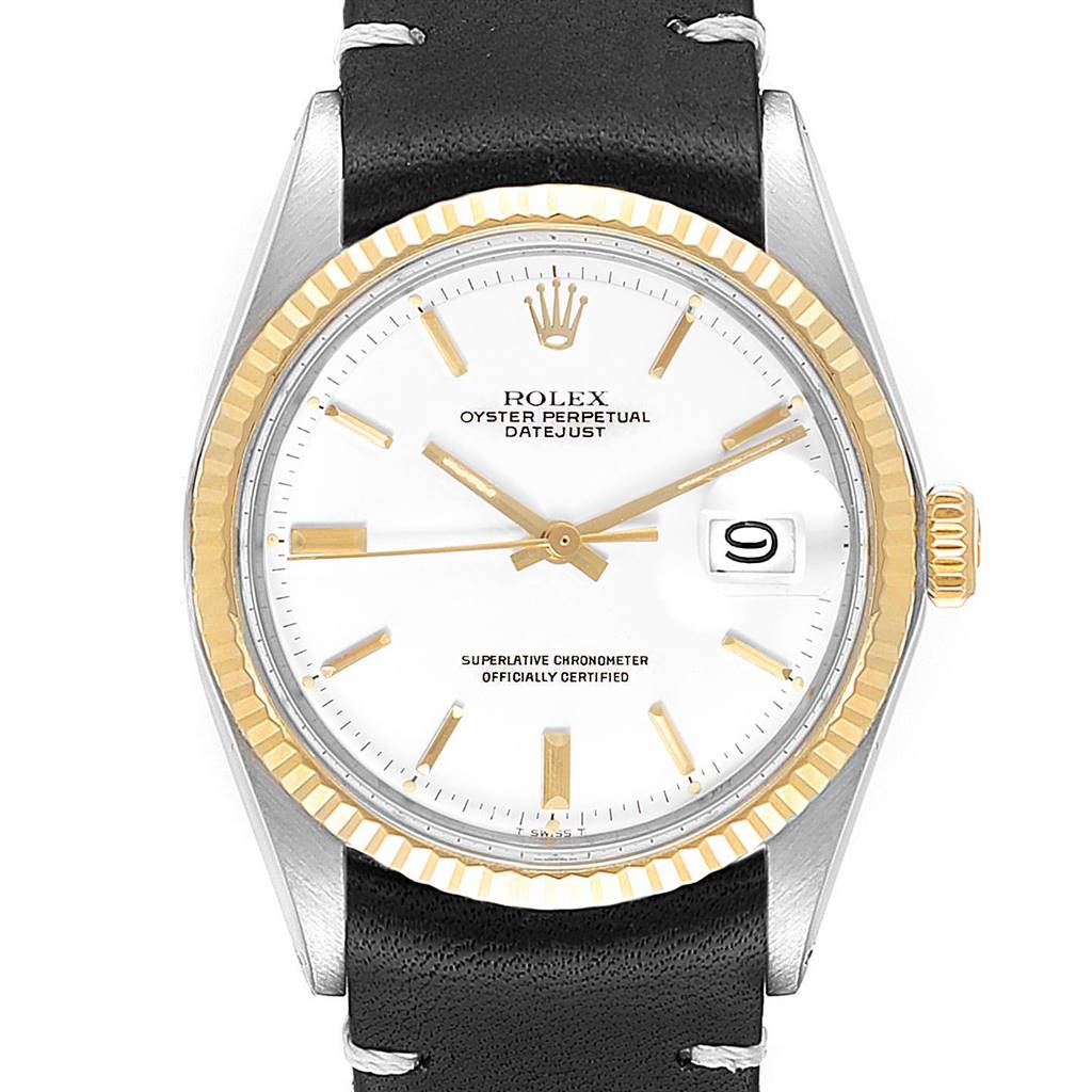The image shows a front view of a Rolex Vintage Collection 1601 Men's Steel and Gold (two tone) White Dial 1601 Men's Steel and Gold (two tone) White Dial Oyster Perpetual Datejust with a white dial, gold fluted bezel, and black leather strap.