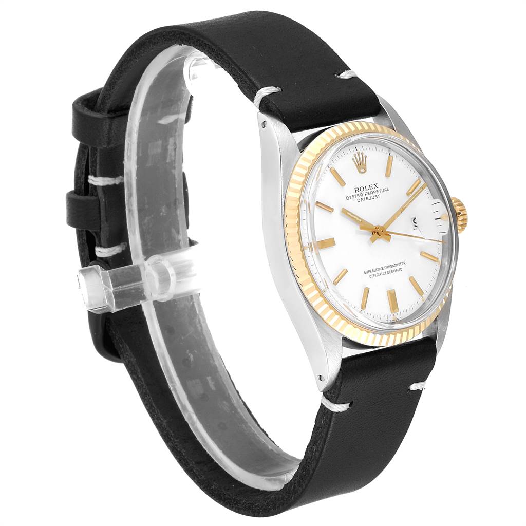 The image shows a side angle of the Rolex Vintage Collection 1601 Men's Steel and Gold (two tone) White Dial 1601 Men's Steel and Gold (two tone) White Dial model, highlighting the watch face, bezel, crown, and black leather strap.