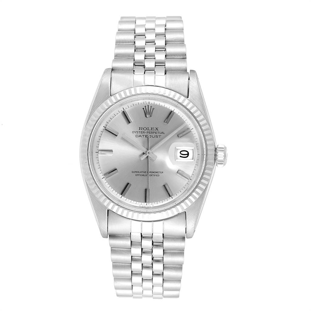 The image shows a front view of the Rolex Vintage Collection 1601 Men's Stainless Steel Silver Dial 1601 Men's Stainless Steel Silver Dial Oyster Perpetual Datejust watch, highlighting the face and bracelet.