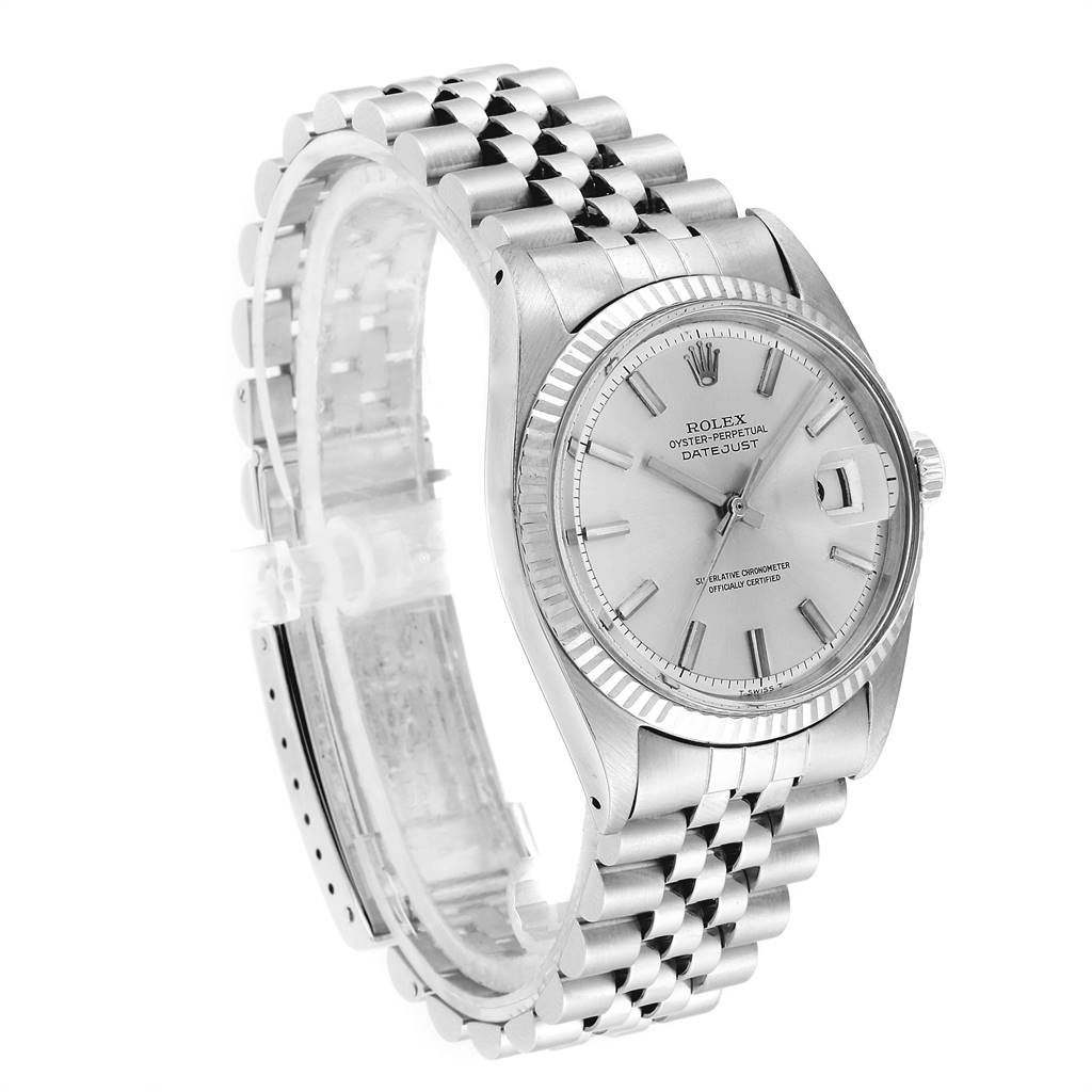 The Rolex Vintage Collection 1601 Men's Stainless Steel Silver Dial 1601 Men's Stainless Steel Silver Dial watch is shown from a front angle, displaying its face, bezel, bracelet, and crown.
