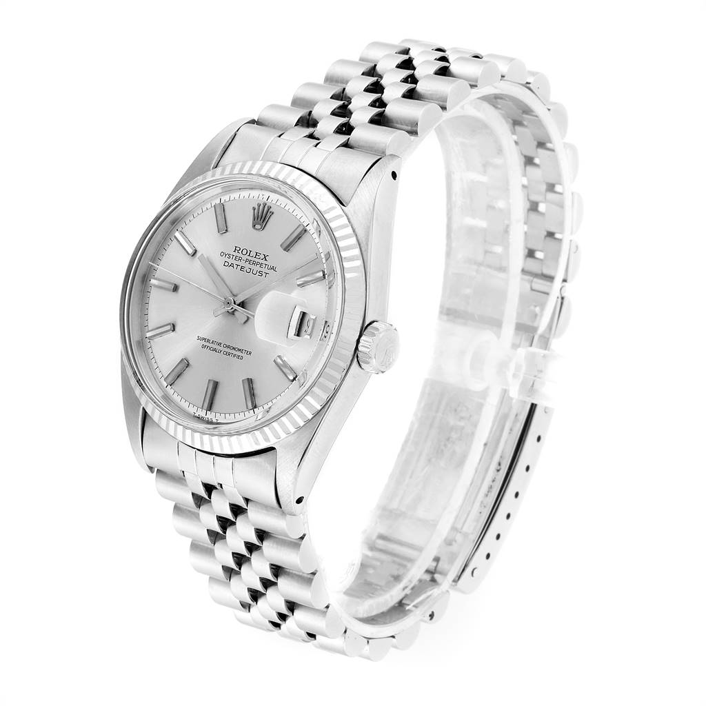 The Rolex Vintage Collection 1601 Men's Stainless Steel Silver Dial 1601 Men's Stainless Steel Silver Dial watch is shown at a slight angle, displaying the face, bezel, crown, and the Jubilee bracelet.