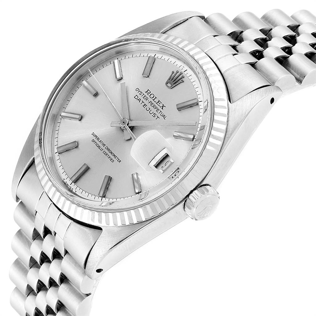 The image shows a side angle of the Rolex Vintage Collection 1601 Men's Stainless Steel Silver Dial 1601 Men's Stainless Steel Silver Dial Datejust, featuring the dial, bezel, crown, and part of the bracelet.