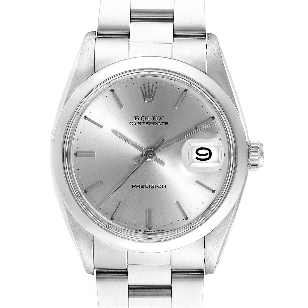 The image shows a front view of the Rolex Vintage Collection 6694 Men
s Stainless Steel Silver Dial 6694 Men
s Stainless Steel Silver Dial Oysterdate Precision watch, highlighting the dial, date window, and part of the bracelet.