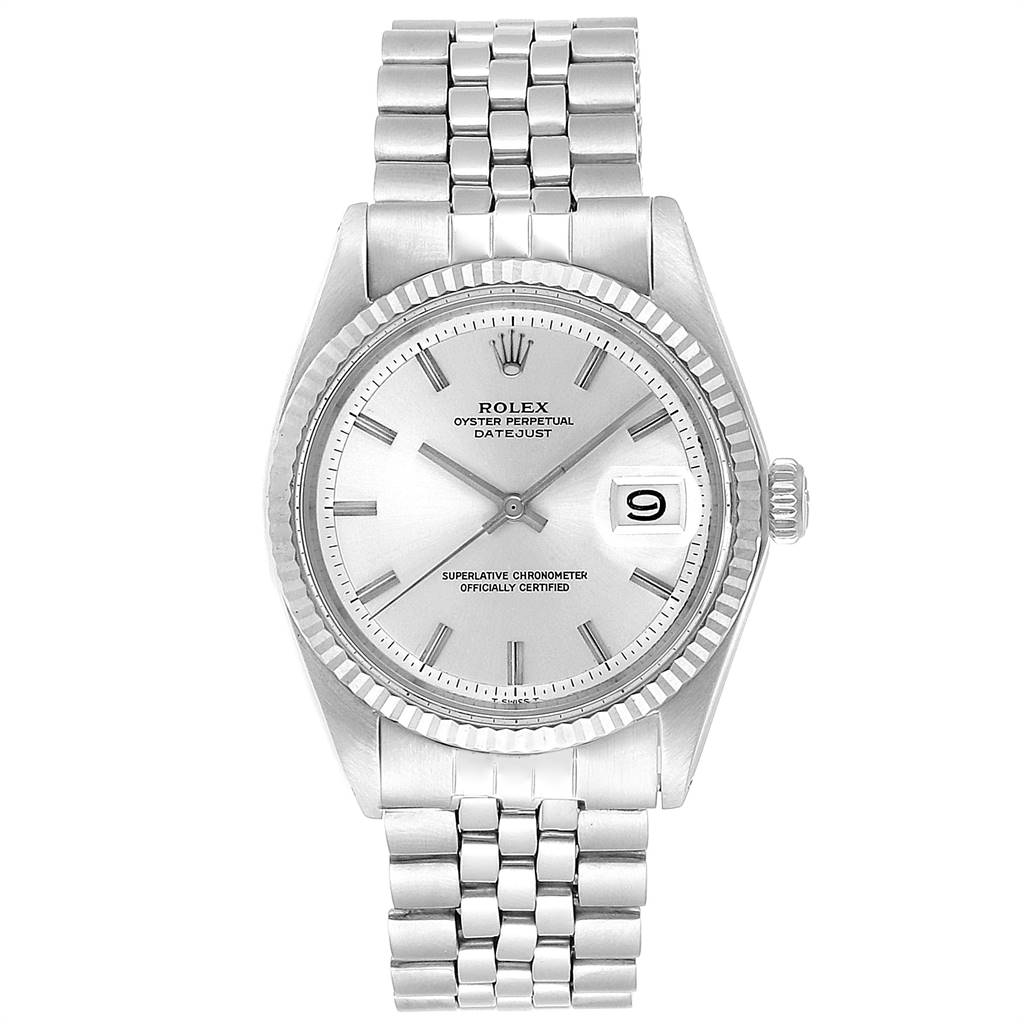 The image shows a frontal view of a Rolex Vintage Collection 1601 Men
s Stainless Steel Silver Dial 1601 Men
s Stainless Steel Silver Dial Datejust watch, displaying the dial, bezel, crown, and bracelet.