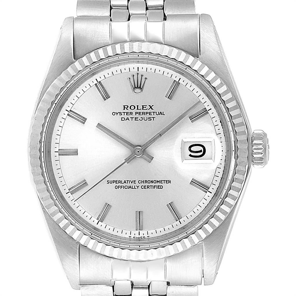 This image shows a front view of the Rolex Vintage Collection 1601 Men
s Stainless Steel Silver Dial 1601 Men
s Stainless Steel Silver Dial model watch, highlighting the face, date window, and part of the bracelet.