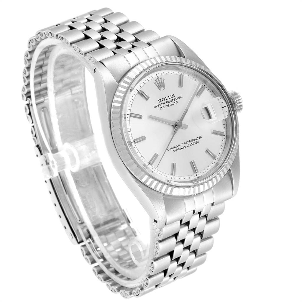 A Rolex Vintage Collection 1601 Men
s Stainless Steel Silver Dial 1601 Men
s Stainless Steel Silver Dial model watch is shown at a three-quarter angle, highlighting its dial, bezel, and bracelet.