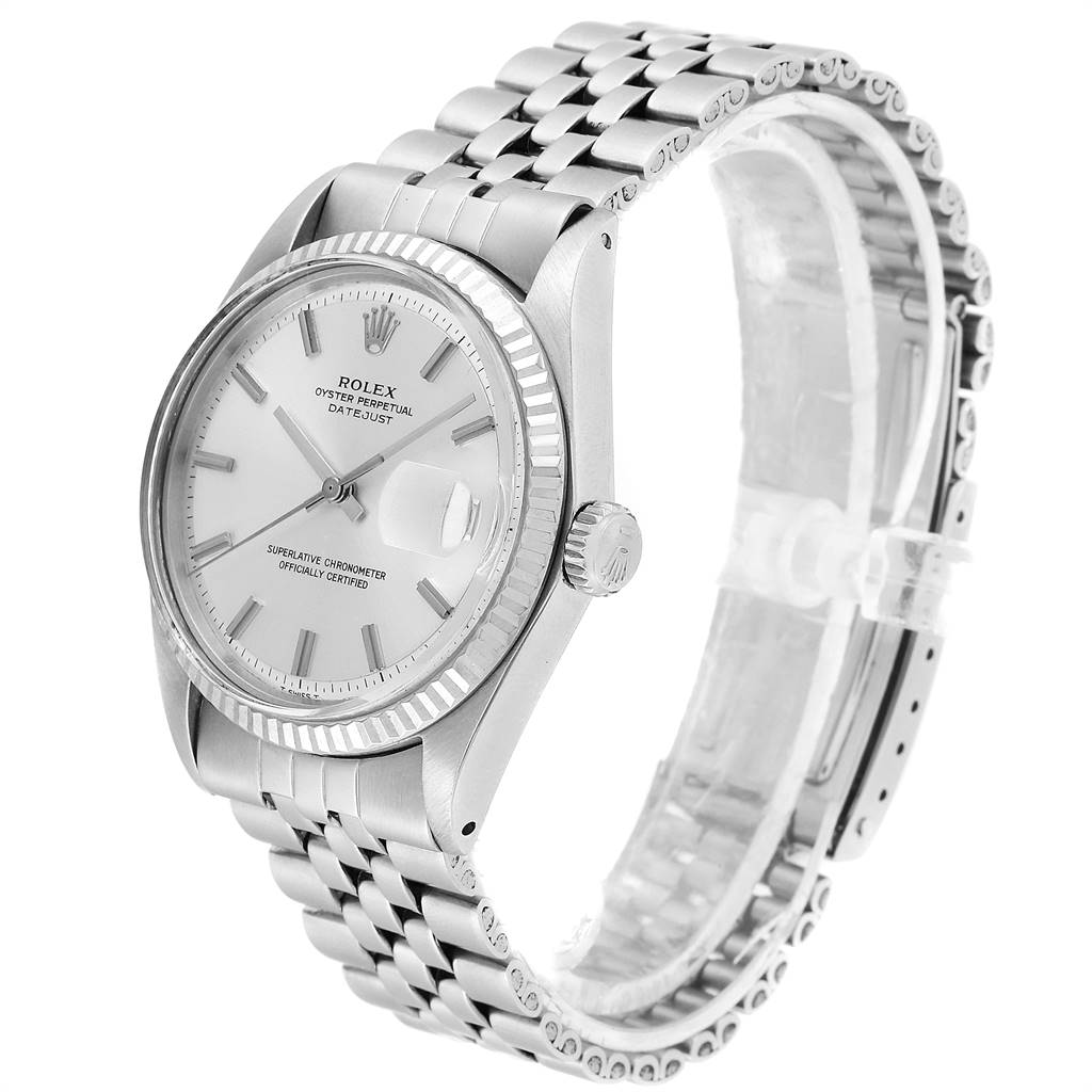 This is a Rolex Vintage Collection 1601 Men
s Stainless Steel Silver Dial 1601 Men
s Stainless Steel Silver Dial Datejust watch, shown at an angle from the side, displaying the dial, case, bezel, and bracelet.
