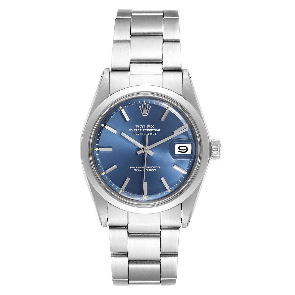 The Rolex Vintage Collection 1600 Men's Stainless Steel Blue Dial 1600 Men's Stainless Steel Blue Dial watch is shown from the front, displaying its blue dial, date window, and stainless steel bracelet.