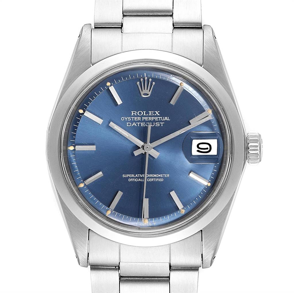 The image shows a front view of the Rolex Vintage Collection 1600 Men's Stainless Steel Blue Dial 1600 Men's Stainless Steel Blue Dial Datejust watch, including the dial, hands, and part of the bracelet.