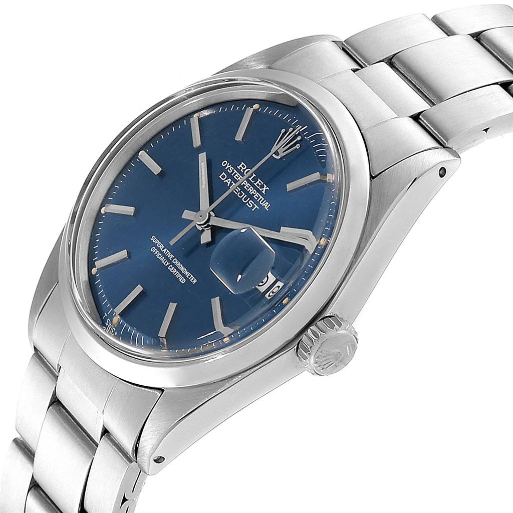 The image shows a Rolex Vintage Collection 1600 Men's Stainless Steel Blue Dial 1600 Men's Stainless Steel Blue Dial watch, angled to display the blue dial, date window, crown, and part of the bracelet.