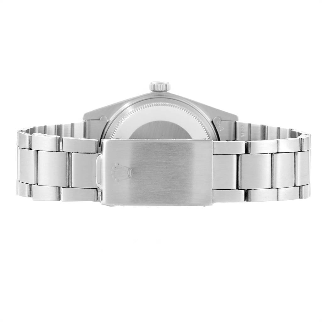 This image shows the back view of the Rolex Vintage Collection 1600 Men's Stainless Steel Blue Dial 1600 Men's Stainless Steel Blue Dial watch, highlighting its stainless steel bracelet and clasp.