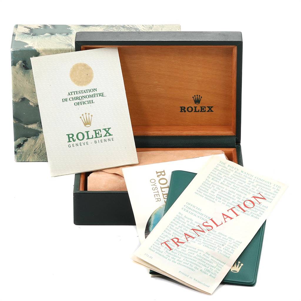 The image shows the open packaging, documents, and warranty cards for the Rolex Vintage Collection 1600 Men's Stainless Steel Blue Dial 1600 Men's Stainless Steel Blue Dial model.