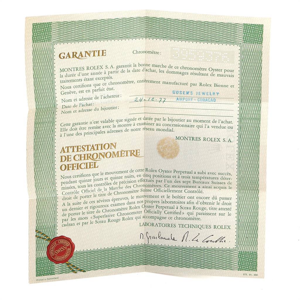 This image shows a warranty certificate for a Vintage Collection model by Rolex, detailing purchase and authenticity verification.
