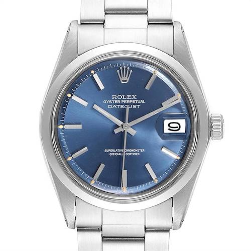 Photo of Rolex Datejust Blue Dial Steel Vintage Mens Watch 1600 Box Papers