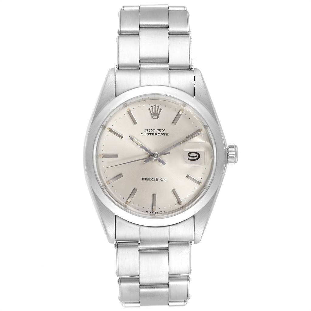 The image shows a front view of the Rolex Vintage Collection 6694 Men
s Stainless Steel Silver Dial 6694 Men
s Stainless Steel Silver Dial Oysterdate watch, displaying the face, bracelet, and crown.