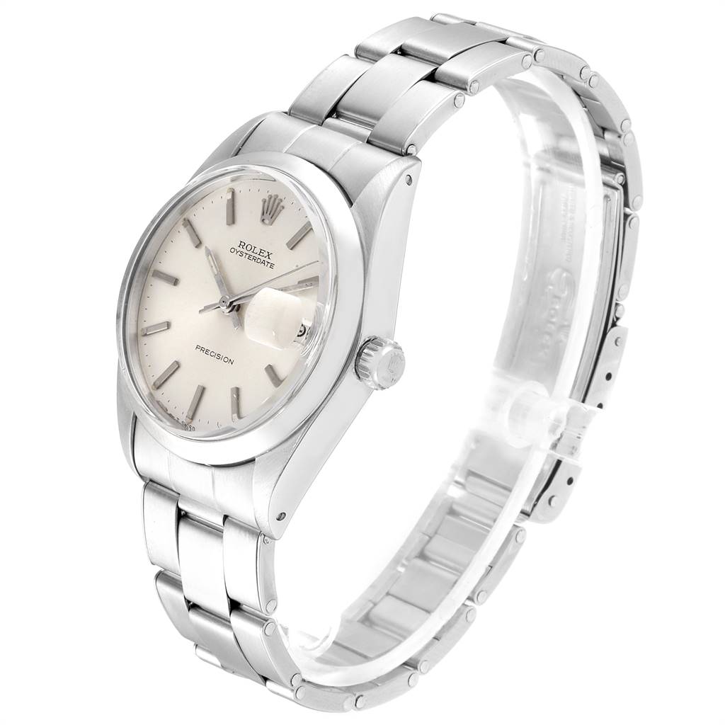 This Rolex Vintage Collection 6694 Men
s Stainless Steel Silver Dial 6694 Men
s Stainless Steel Silver Dial watch is shown at an angle displaying the face, crown, and stainless steel bracelet.