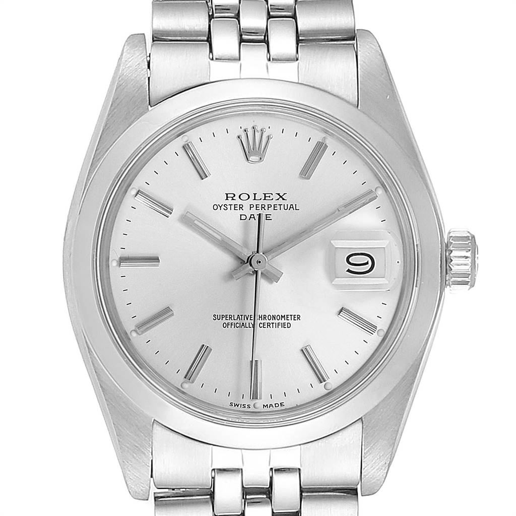 The image displays a front angle of the Rolex Vintage Collection 15000 Men
s Stainless Steel Silver Dial 15000 Men
s Stainless Steel Silver Dial model watch, highlighting the dial, crown, and a portion of the bracelet.